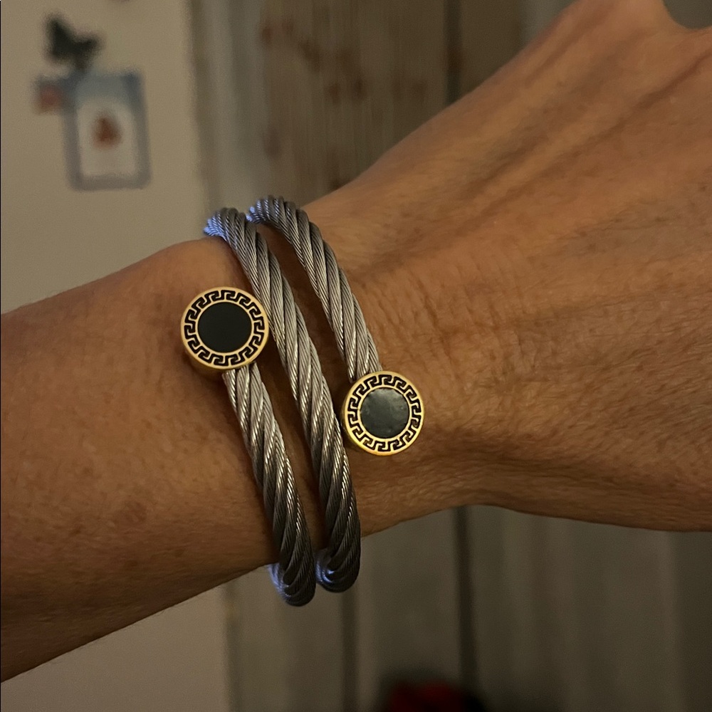 Stainless steel Cable Bracelet/ w gold and black ends